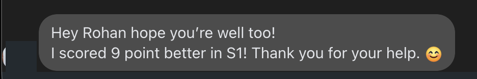 Student message screenshot saying they scored 9 points better in Section 1 and thanking Rohan.
